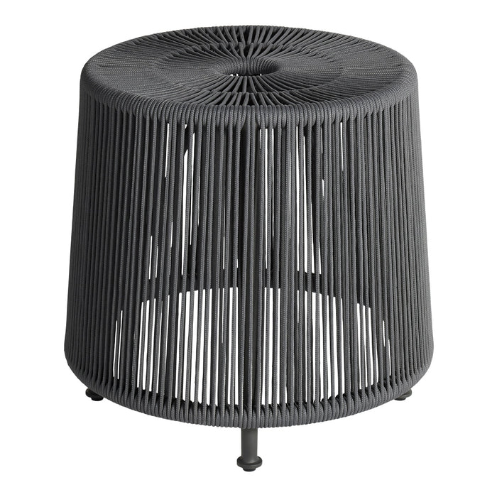 Black, round accent table with vertical slats and a modern design. Ideal for contemporary home decor.