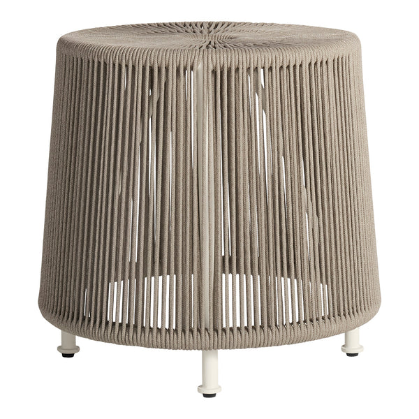 Beige woven accent table with vertical stripe pattern and white legs. Modern design for indoor or outdoor use.