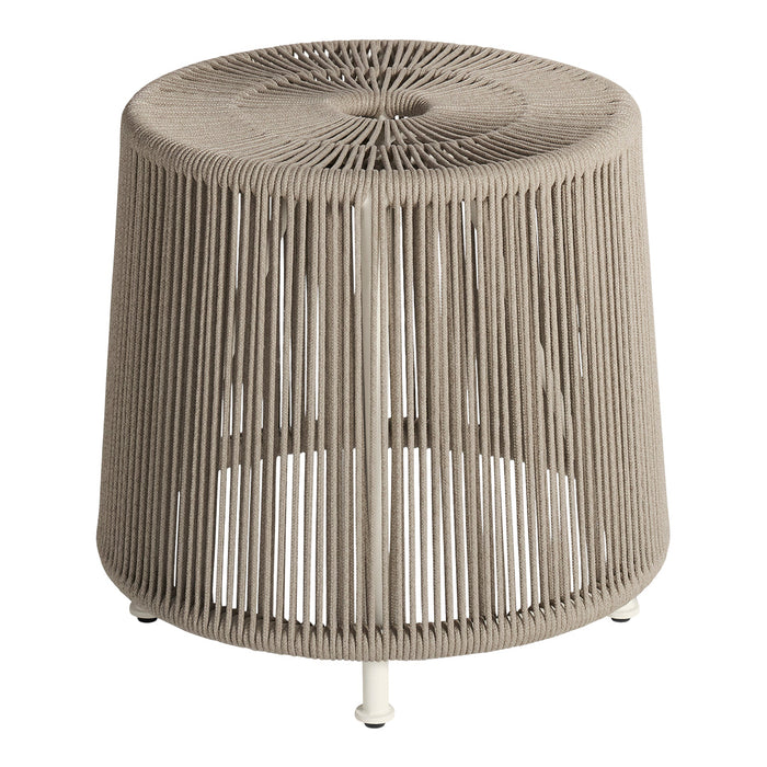 Beige woven side table with intricate vertical patterns and a round top. Perfect for modern decor accents.