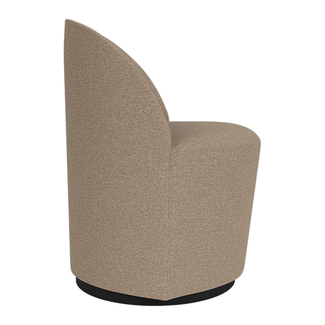 Beige upholstered chair with smooth, curved lines and minimalistic design, featuring a black base for contrast.
