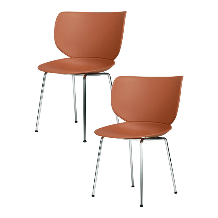 Set of two modern chairs in warm terracotta with sleek chrome legs, featuring a smooth, minimalist design.