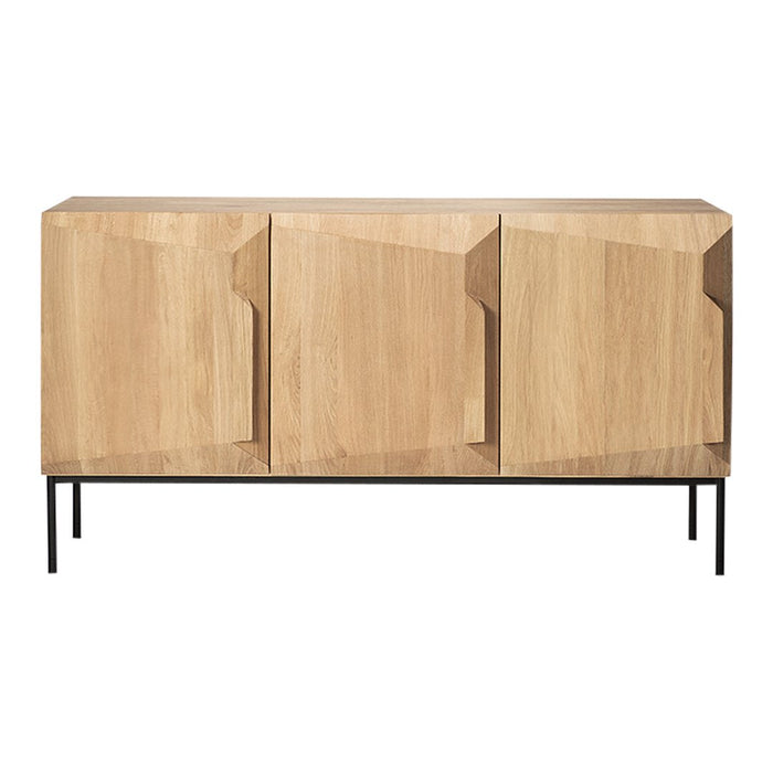 Light wood cabinet with a natural finish and geometric patterns, featuring black metal legs for contrast.