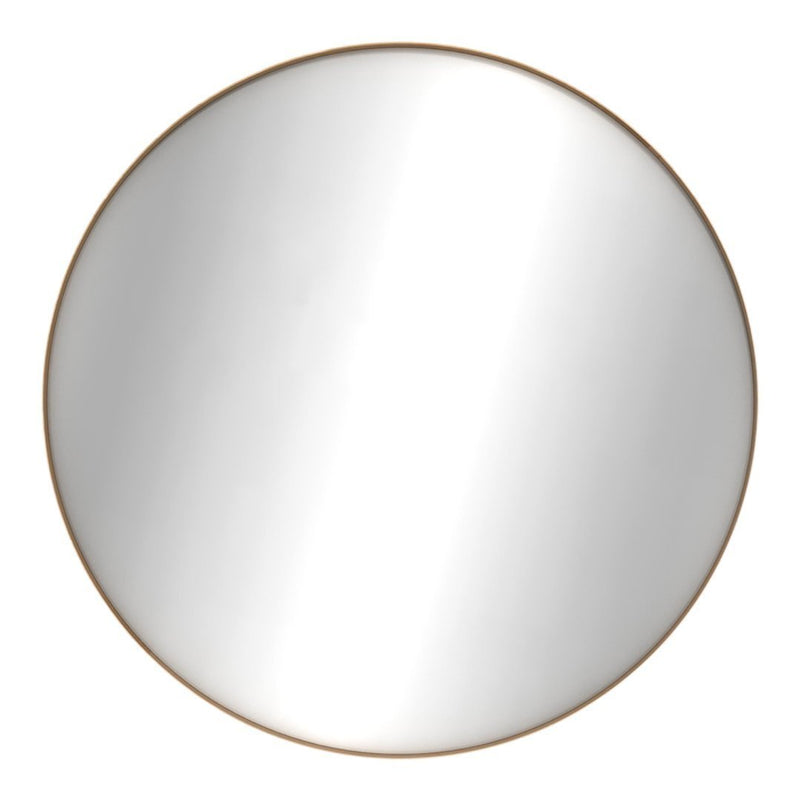 Round mirror with a sleek silver finish and minimalistic gold border, reflecting light for a modern touch.