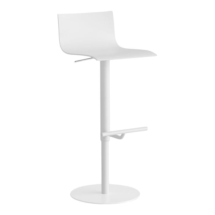 White modern bar stool with a sleek, minimalist design and smooth surface. Perfect for contemporary decor.