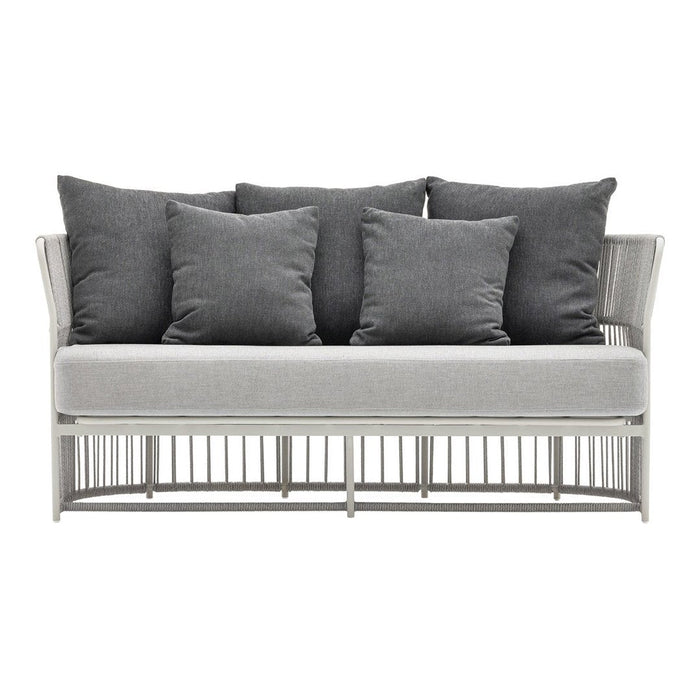 Stylish gray and white outdoor sofa with plush gray cushions and a modern woven pattern. Perfect for patio settings.