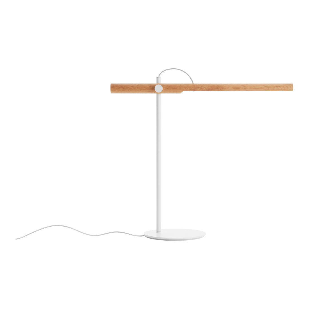 Modern lamp with a sleek white base and a natural wood accent, featuring a minimalist design. Perfect for stylish decor.