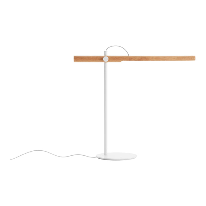 Modern lamp with a sleek white base and a natural wood accent, featuring a minimalist design. Perfect for stylish decor.