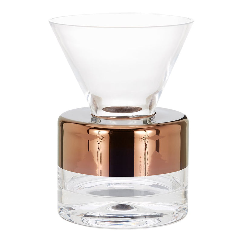 Clear glass vase with a sleek, conical top and a shiny rose gold band around the base, showcasing modern elegance.