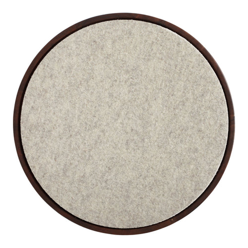 Round rug with a textured gray surface and a dark brown border, featuring a minimalist design.