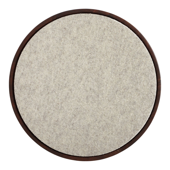 Round rug with a textured gray surface and a dark brown border, featuring a minimalist design.