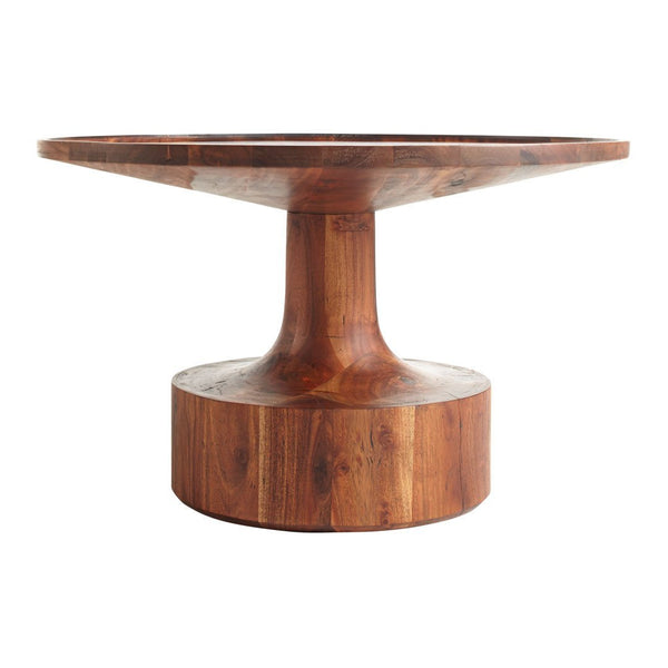 Round wooden table with a rich, warm brown finish and a smooth, natural grain pattern. Ideal for stylish decor.