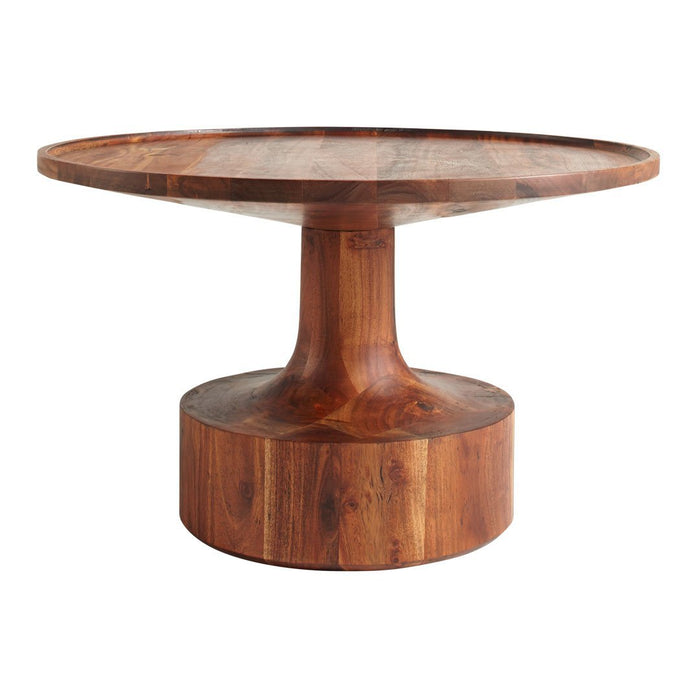 Round wooden coffee table featuring a rich, warm brown finish with a smooth, glossy surface and natural wood grain pattern.