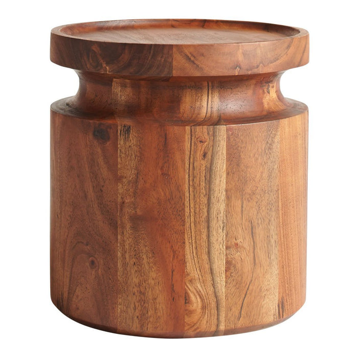 Brown wooden stool with a smooth finish and natural grain patterns, showcasing warm tones and light-dark contrasts.