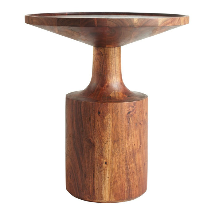 Wooden accent table featuring rich brown hues and a smooth, natural grain pattern. Stylish modern design.