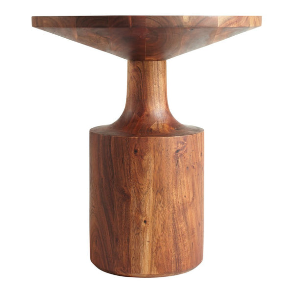 "Unique wooden table with rich brown tones and smooth, geometric patterns."