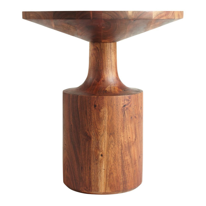 "Unique wooden table with rich brown tones and smooth, geometric patterns."