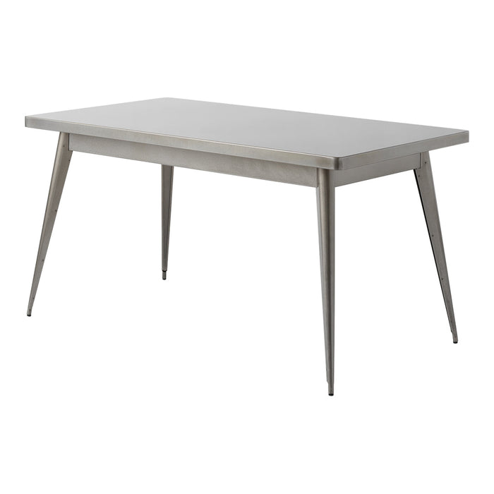 Light gray rectangular table with sleek legs, featuring a minimalist design and smooth, matte finish.