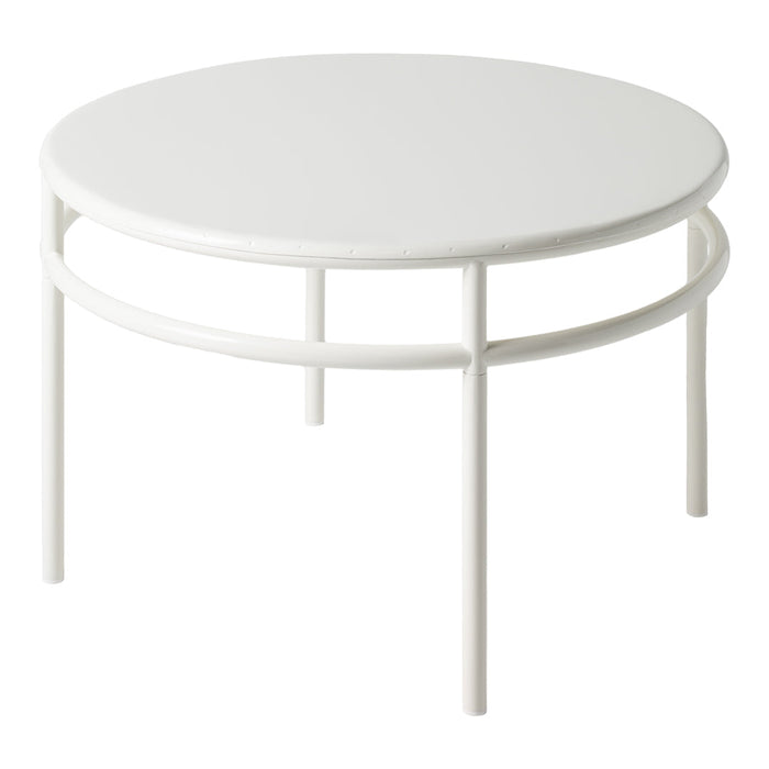 Round white coffee table with a sleek design and smooth surface, featuring minimalistic lines and a clean finish.