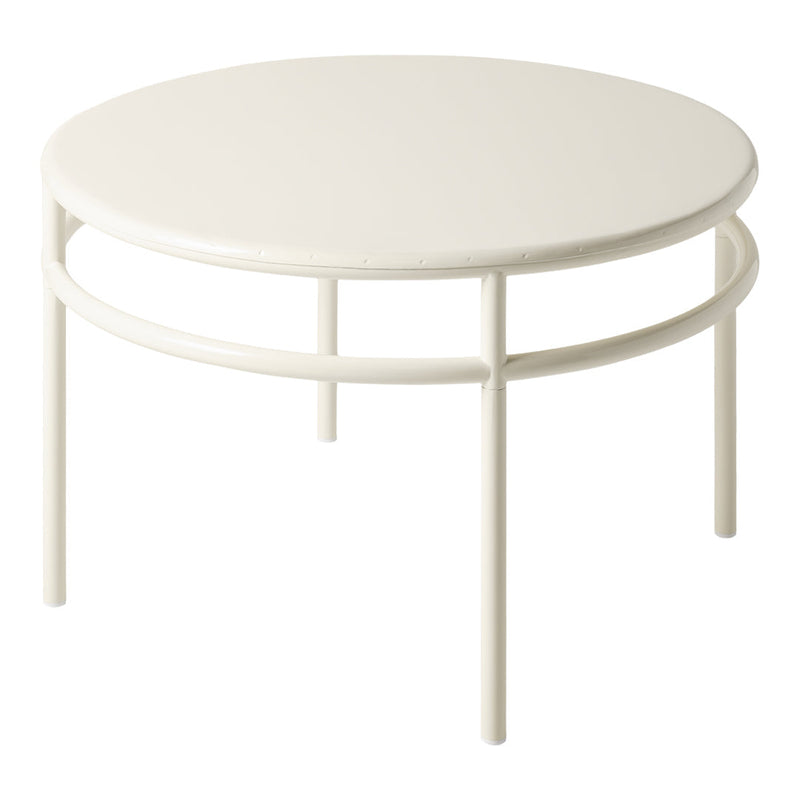 Round white coffee table with a smooth, glossy finish and minimalist design, featuring a simple circular pattern.