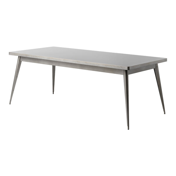 Sleek gray tabletop with clean lines, paired with tapered silver legs for a modern aesthetic.