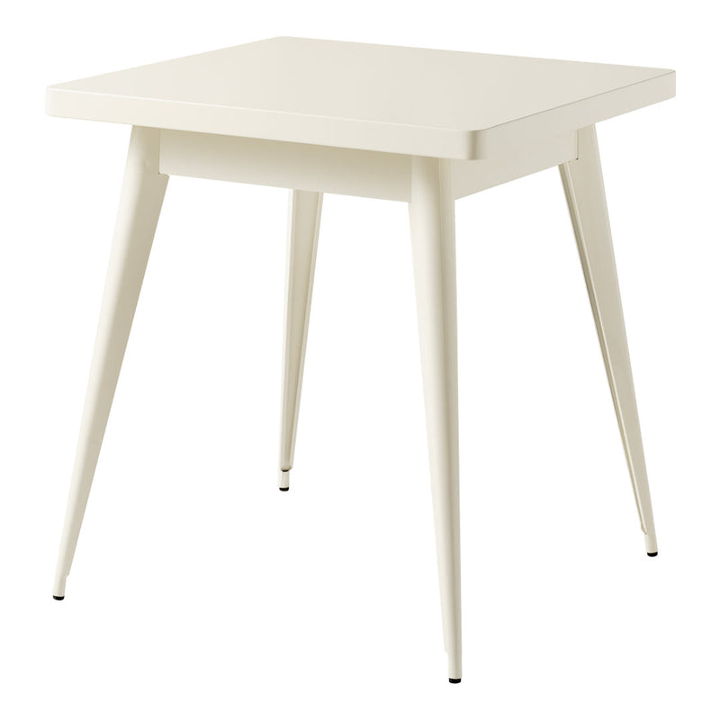 Minimalist square table in soft cream with sleek tapered legs, perfect for modern decor. No patterns.