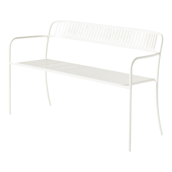 White metal bench with a sleek, striped design and minimalistic style, perfect for indoor or outdoor settings.
