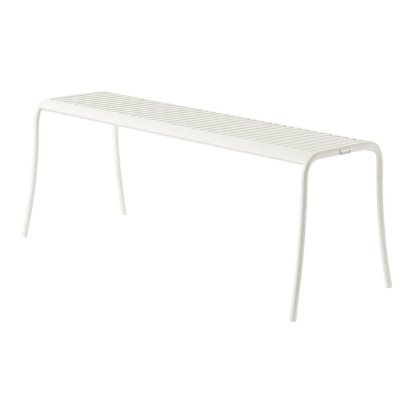 White slatted bench with a minimalist design, featuring clean lines and a sleek modern look. Ideal for indoor or outdoor use.