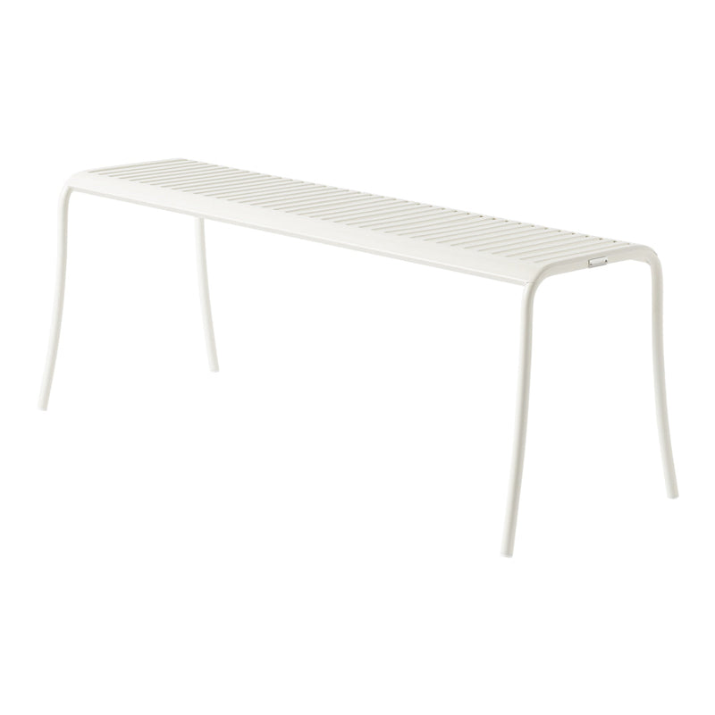 White slatted bench with a minimalist design, featuring clean lines and a sleek modern look. Ideal for indoor or outdoor use.