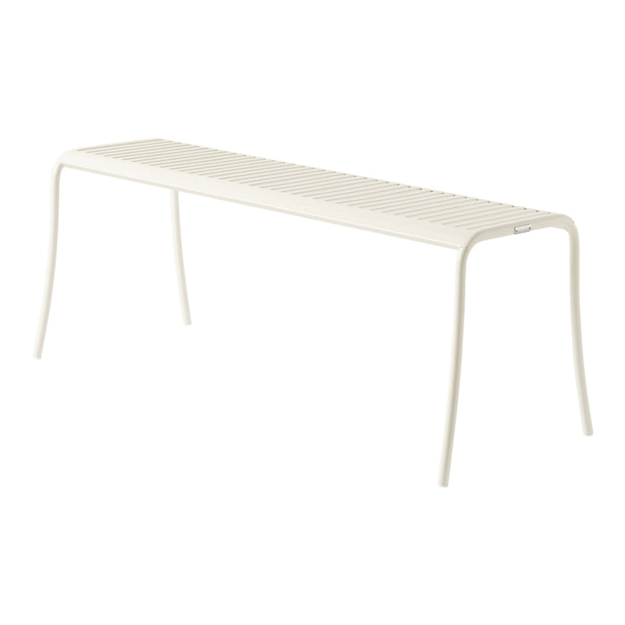 White slatted bench with a minimalist design and smooth finish, perfect for modern outdoor or indoor spaces.