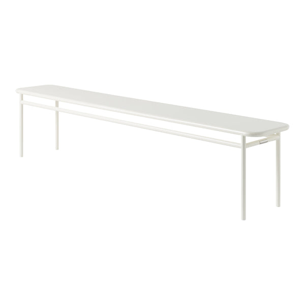 White bench with a sleek, minimalistic design and smooth finish, featuring clean lines and no visible patterns.