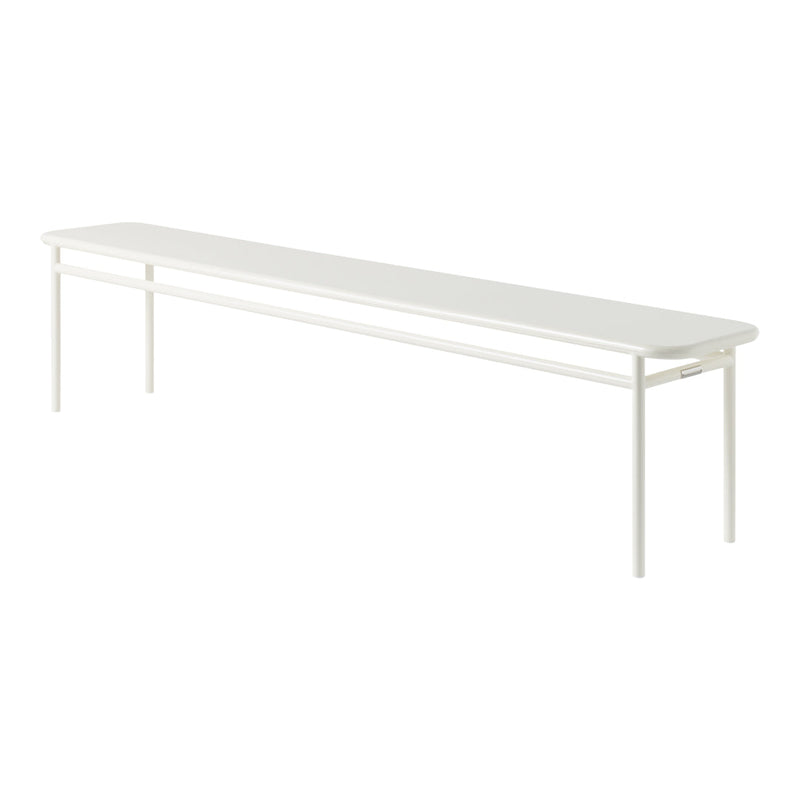 White bench with a sleek, minimalistic design and smooth finish, featuring clean lines and no visible patterns.