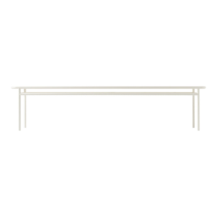 Minimalist white metal bench with clean lines, showcasing a smooth surface and sleek, modern design.