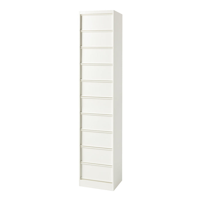 "White tall cabinet with sleek design and smooth surface, featuring ten evenly spaced drawers."