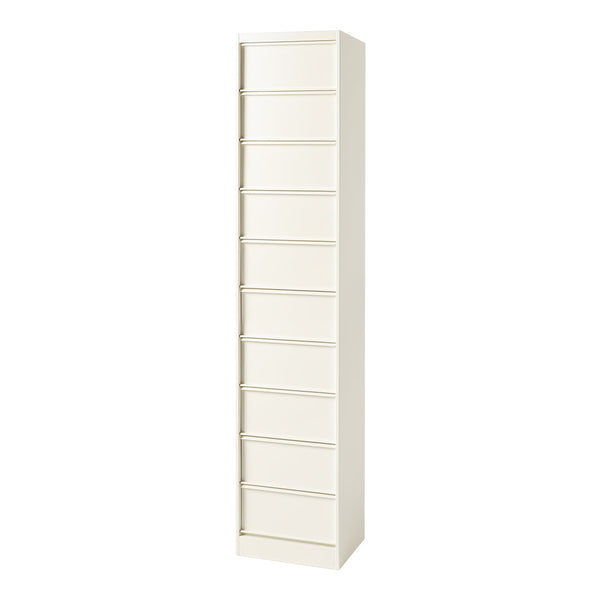 Slim white vertical storage unit with a smooth surface and ten evenly spaced drawers. Ideal for minimalistic decor.