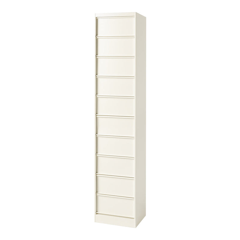 Slim white vertical storage unit with a smooth surface and ten evenly spaced drawers. Ideal for minimalistic decor.