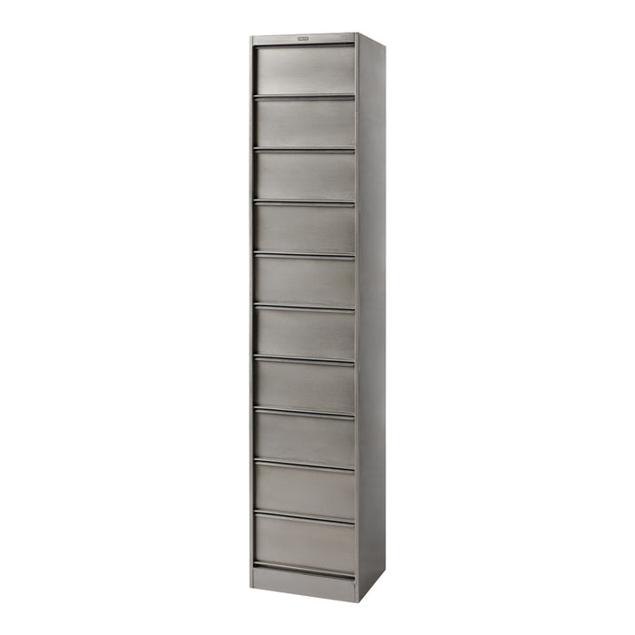 Slim vertical storage unit in sleek grey metal with ten smooth, flat drawers for organized storage.