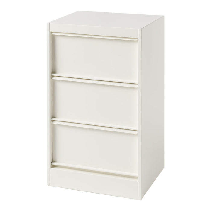White three-drawer storage unit with smooth, minimalist design, featuring flat front panels and subtle handle accents.