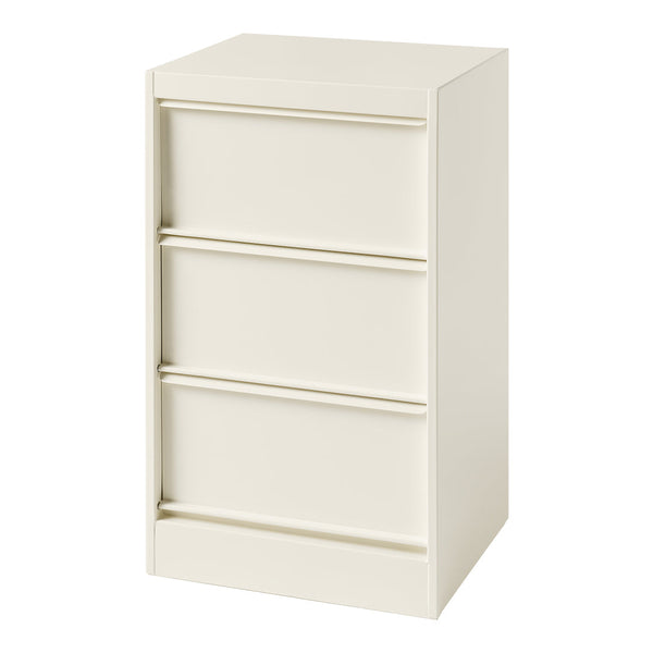 Cream-colored, minimalist cabinet with three smooth drawers and a sleek design, perfect for modern storage solutions.