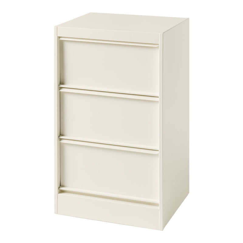 Cream-colored, minimalist cabinet with three smooth drawers and a sleek design, perfect for modern storage solutions.