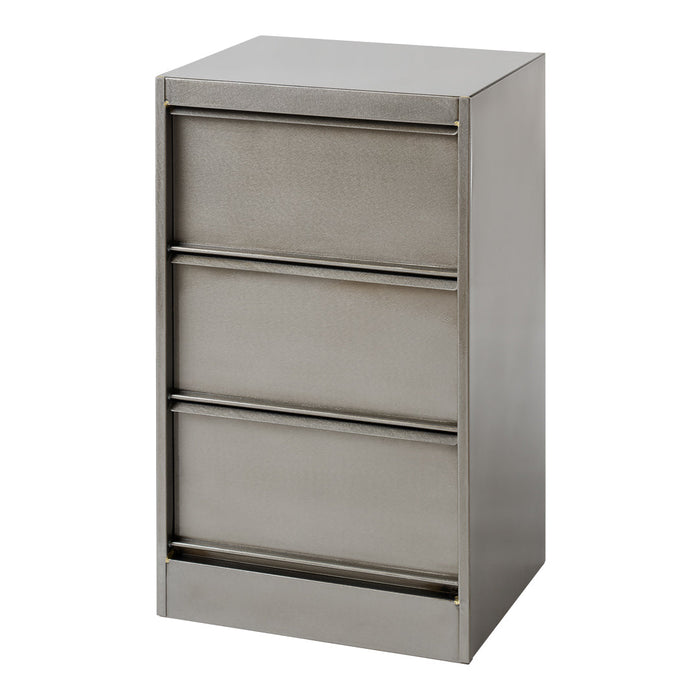 Sleek metallic gray storage cabinet with three smooth, flat drawers featuring simple horizontal lines.