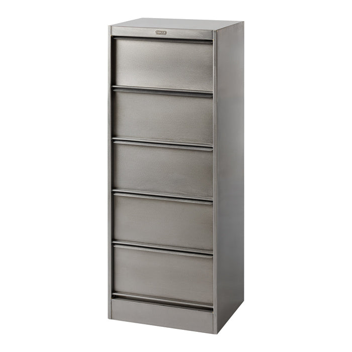 Metallic silver five-drawer storage cabinet with a sleek, modern finish and minimalistic design.