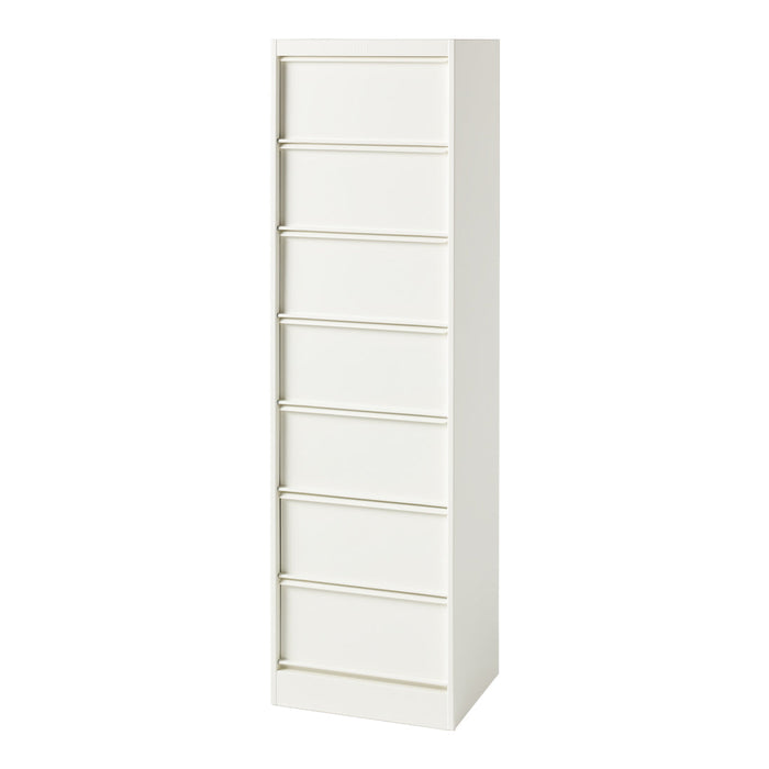 Tall white storage cabinet with sleek, smooth surfaces and minimalist design, featuring seven evenly spaced horizontal lines.