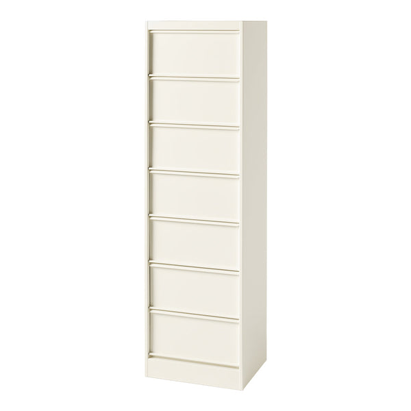 Slim white cabinet with eight smooth, horizontal drawer fronts in a minimalist design. Perfect for modern spaces.
