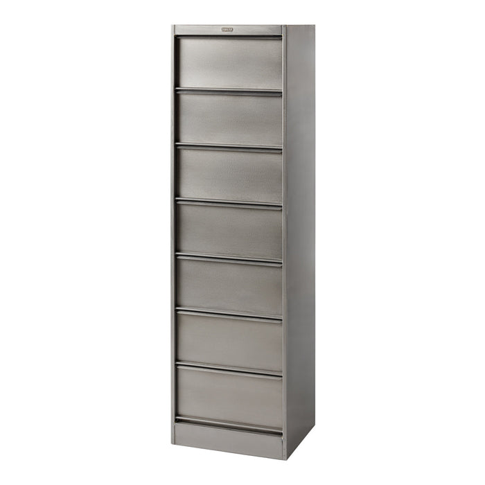 Sleek silver filing cabinet with a smooth finish and eight uniform drawers. Modern design for efficient storage.