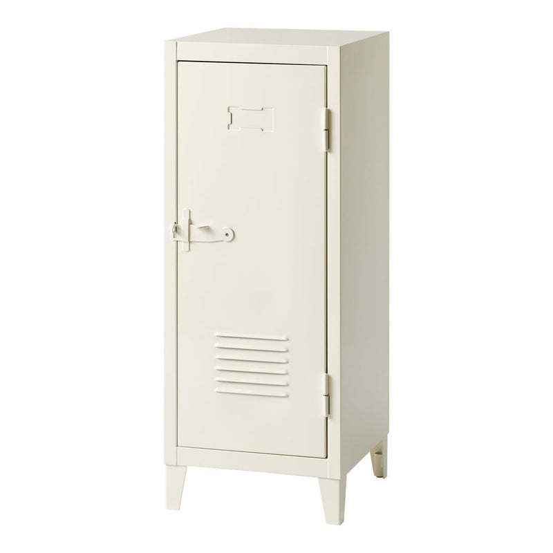 Cream-colored metal locker with a minimalist design and vertical slats, perfect for modern storage solutions.