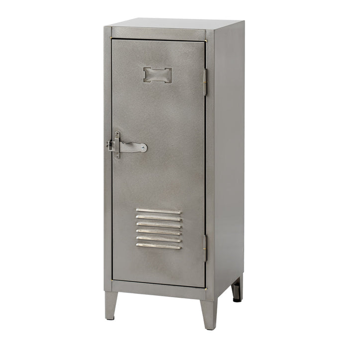Metallic silver locker with a sleek finish and subtle vertical and horizontal lines. Modern industrial design.