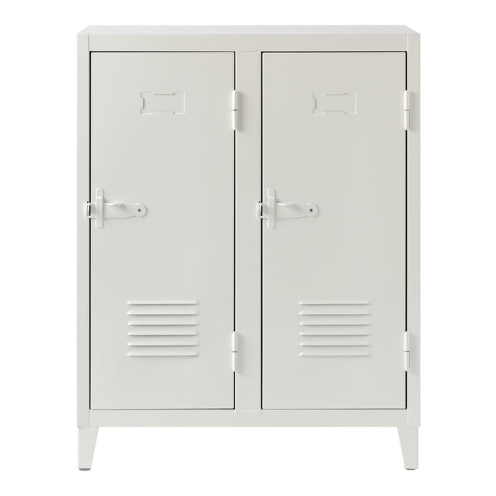 White metal locker cabinet with sleek clean lines and horizontal ventilation stripes. Ideal for modern storage solutions.