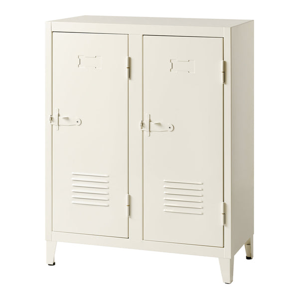 Cream-colored double locker cabinet with sleek lines and vertical vent patterns on the doors.