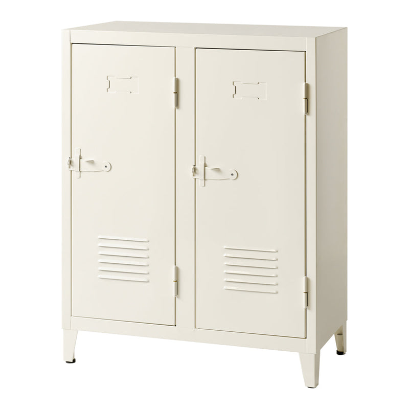 Cream-colored double locker cabinet with sleek lines and vertical vent patterns on the doors.
