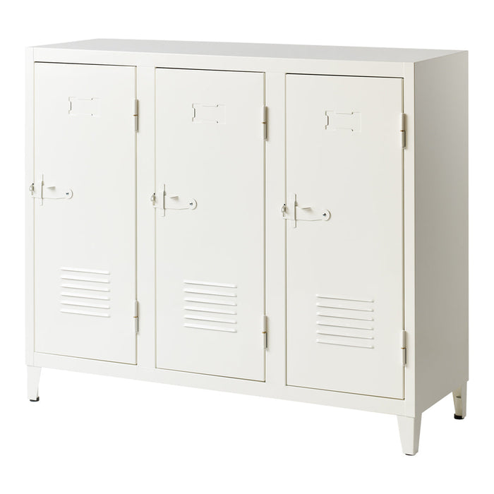 White metal locker with three compartments and vented doors, featuring a sleek, minimalist design.